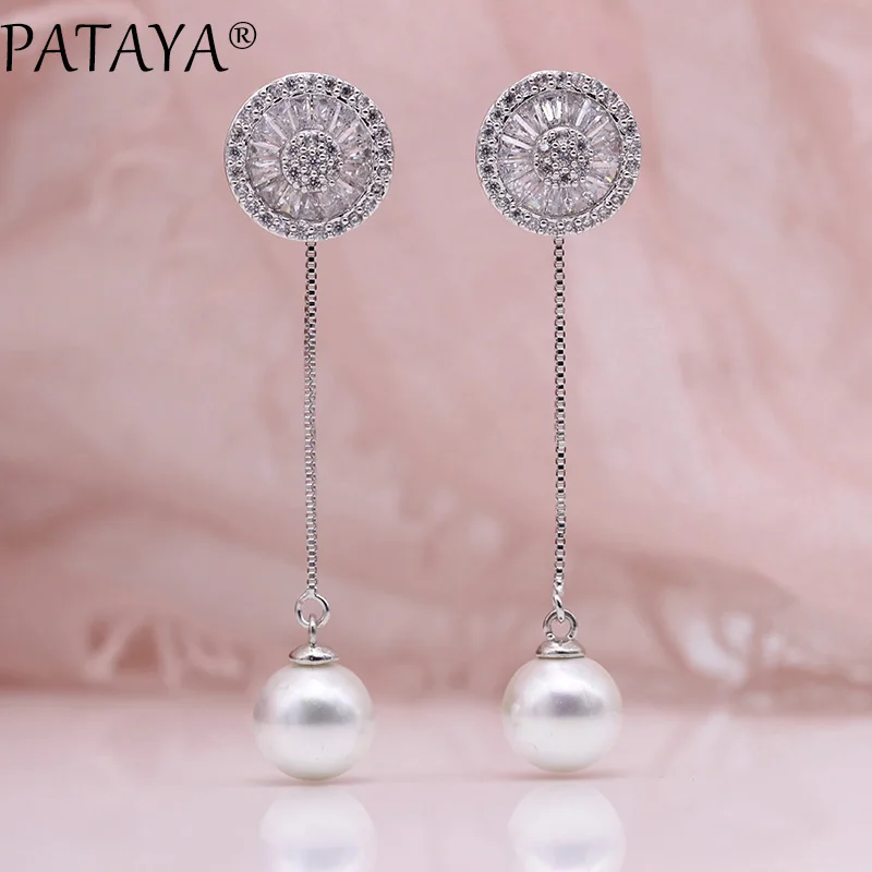 PATAYA, новинка, длинные женские серьги с жемчугом, модные, уникальные, Настоящее Белое золото, свадебные украшения, натуральный циркон, двойное использование, серьги-гвоздики