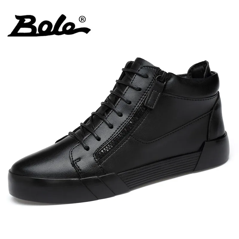 

BOLE Autumn New Handmade Leather Men Shoes Fashion Design Lace Up High Top Men Shoes Side Zipper Flats Shoes Men Big Size 37-46