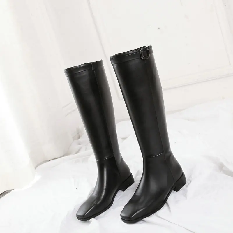 large size 34-43 low square heels genuine leather brand shoes women boots black square toe knee high boots