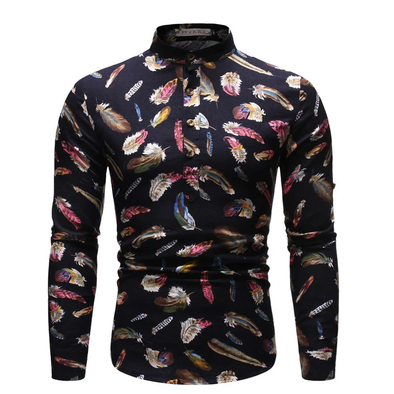 

high quality men's spring/autumn printed long-sleeved casual linen shirt with stand-up collar European size Pullover