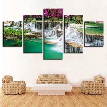 

Canvas Pictures Living Room Decor 5 Pieces Green Forest Waterfall Lake Painting Modular Wall Art HD Prints Natural Posters Frame