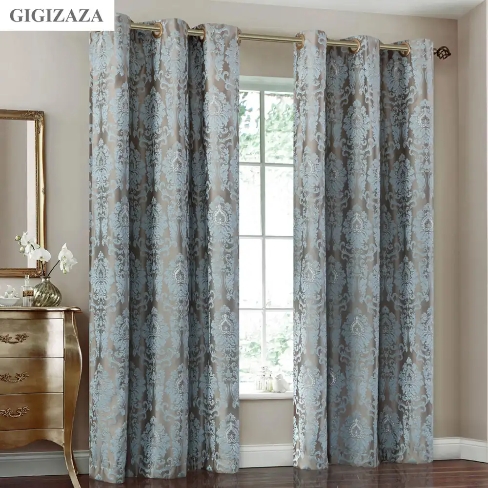 Silk Flower Jacquard Black Out Window Curtains For Living Room