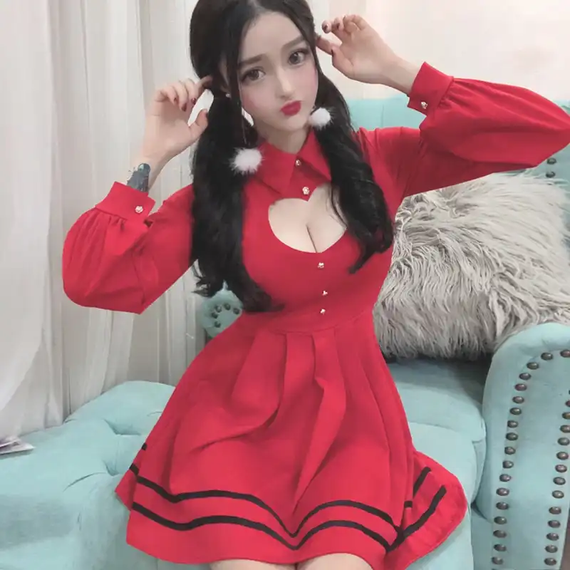 Korean Sexy Pleated Red Dress 2019 Christmas Women Sweet Cute