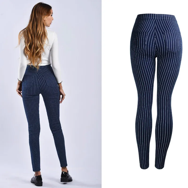 2019 Spring Stripe High Waist Jean Women Blue Elasticity Skinny Denim Pant Office Lady England Vaqueros Mujer Fashionnova Woman