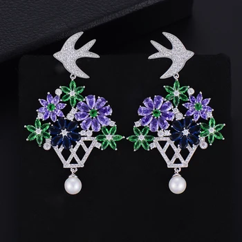

Multicolor Swallow Bird Pierced Flower Plant Potting Pearl Pendant Dangle Drop Earrings For Women Girls
