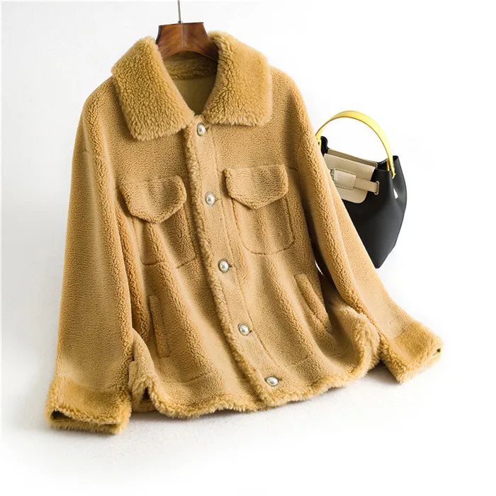 Pudi/зимняя женская шуба из 30% натуральной шерсти, теплая куртка с пуговицами, овечья шерсть, меховые пальто для девочек, Женская длинная куртка, пальто OMS902 - Цвет: camel