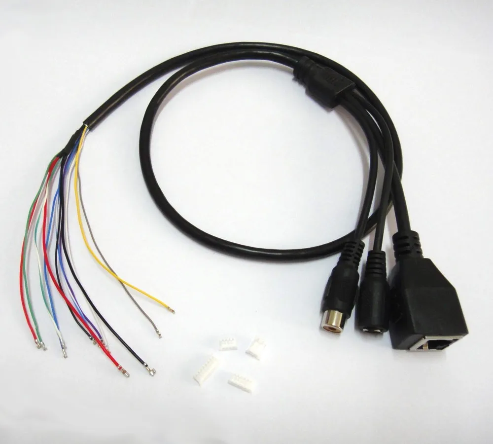 

2pcs CCTV IP network Camera PCB Module video power audio cable, with RCA audio RJ45 female & DC male connectors with Terminlas