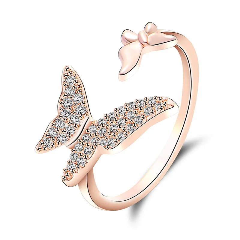 USTAR кристаллы бабочка свадебные кольца для женщин AAA циркон палец женские кольца для помолвки ювелирные изделия открытие регулируемый размер - Цвет основного камня: Rose gold color