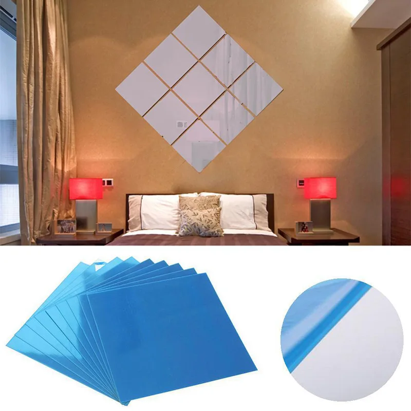9Pcs 15*15CM Mirror Tile Wall Sticker Square Self Adhesive Mirror