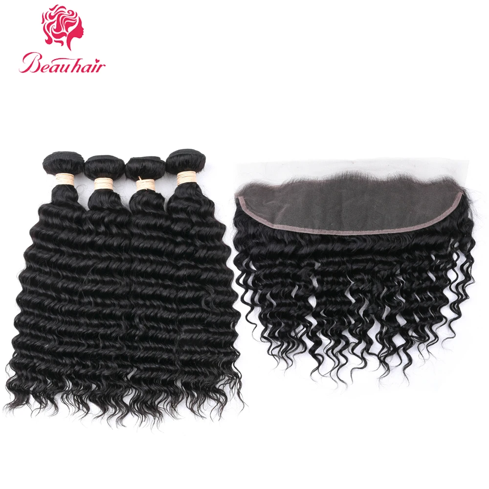 Beauhair Peruvian Deep Wave 4 Bundles With closure Human Hair Bundles With Closure Non-Remy Lace Frontal Closure With Bundles