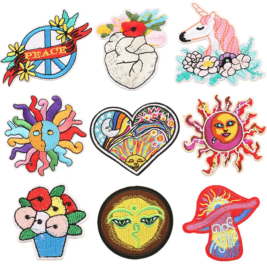 

Sun Flower Cute Cartoon Unicorn Love Iron on Patches for Clothes Embroidered Heart Patch Jeans Felt Applique Fabric Stickers