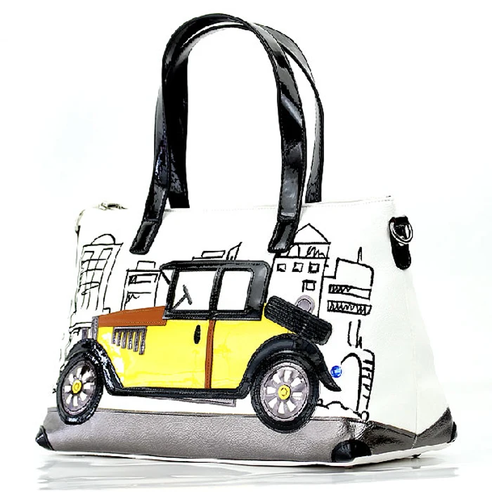 

Women Shoulder Bags Leather Patchwork Embroidery Messenger Bag Handbags Totes Braccialini Brand Style Cartoon Vintage Car