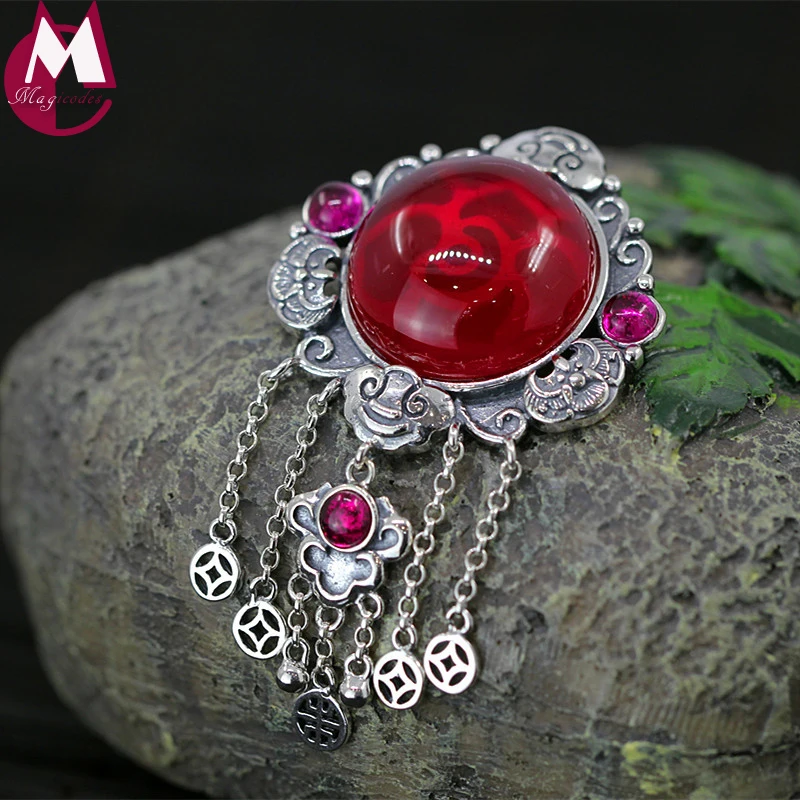 20*20 Big Gemstone Red Jade Necklaces Pendants Thai Silver Fine Tassel