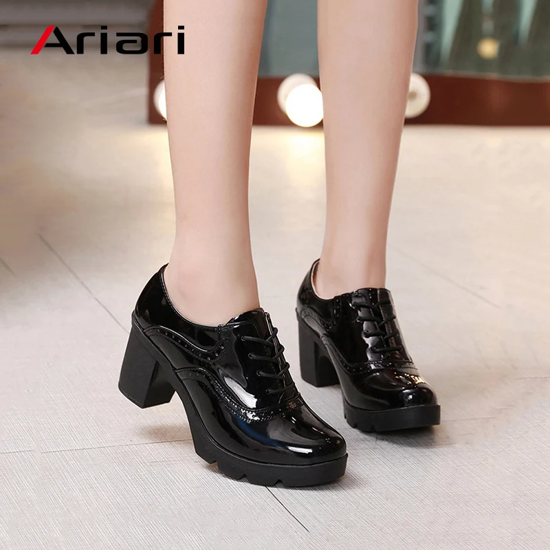 

Ariari Sexy Women High Heels Genuine Leather Solid Casual Shoes Lace Up Platform Oxford Shoes Fashion Brogue Round Toe Pumps