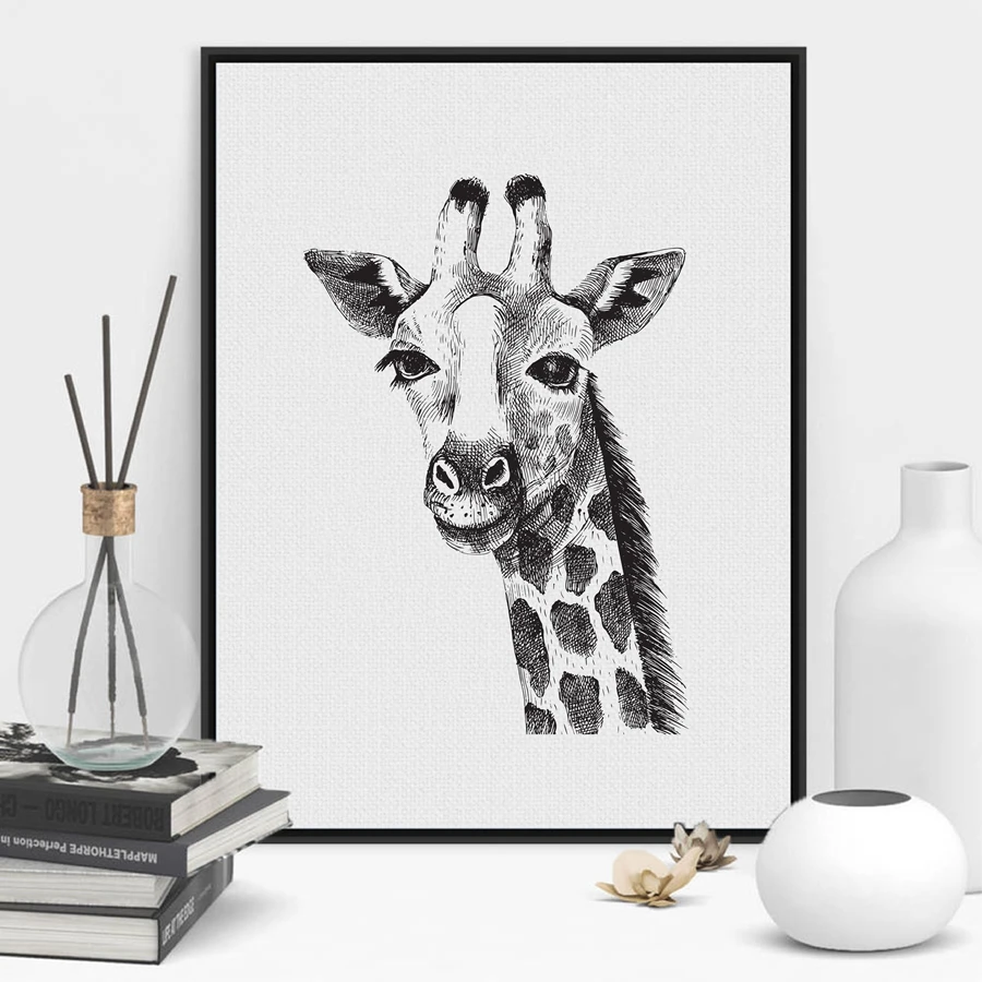 Black And White Giraffe Wall Art Print And Poster , Hand Painted Animal