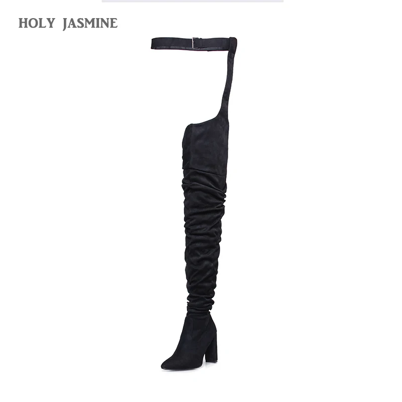 

2019 New Rihanna Style Over the Knee Boots for Women Shoes Pointed Toe Pleated Suede High Heels Long Thigh High Boots Black Sexy