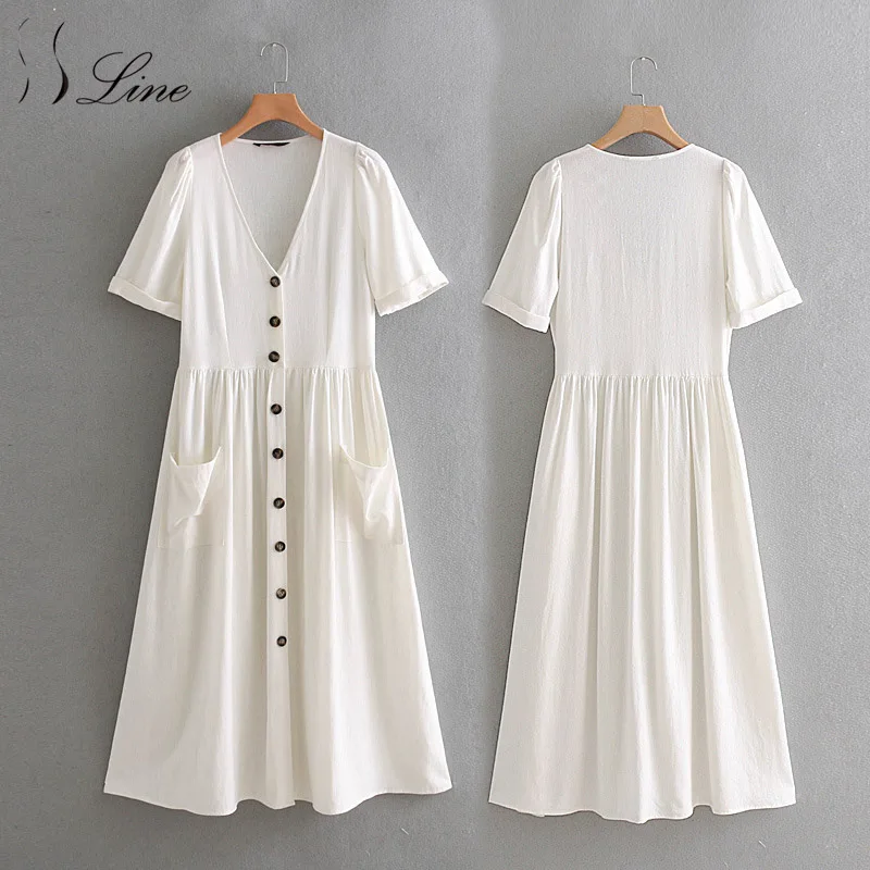 SSLine Women Summer Dress Short Sleeve V Neck Button Down Swing Midi Dresses with Pockets Casual