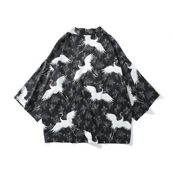 

#3622 Crane Printed Shirt Men Japanese Kimono Shirt Men Cardigan Harajuku Streetwear Hip Hop Shirt Men Vintage Unisex Summer