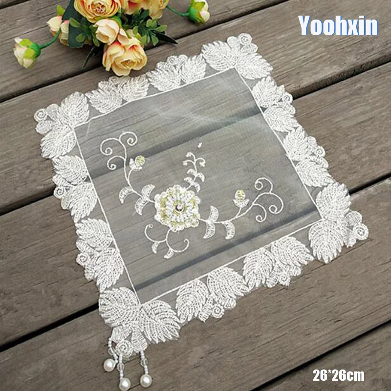 

HOT Bead lace embroidery place table mat cloth pad cup mug drink satin doilies beer dish tea coaster wedding placemat kitchen