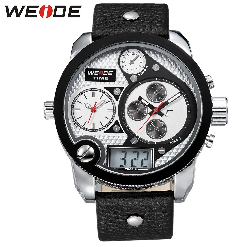 

WEIDE Brand Simple Sport Watches Three Time Zone Analog Digital Display 30m Waterproof Big White Dial With Leather Strap 2305