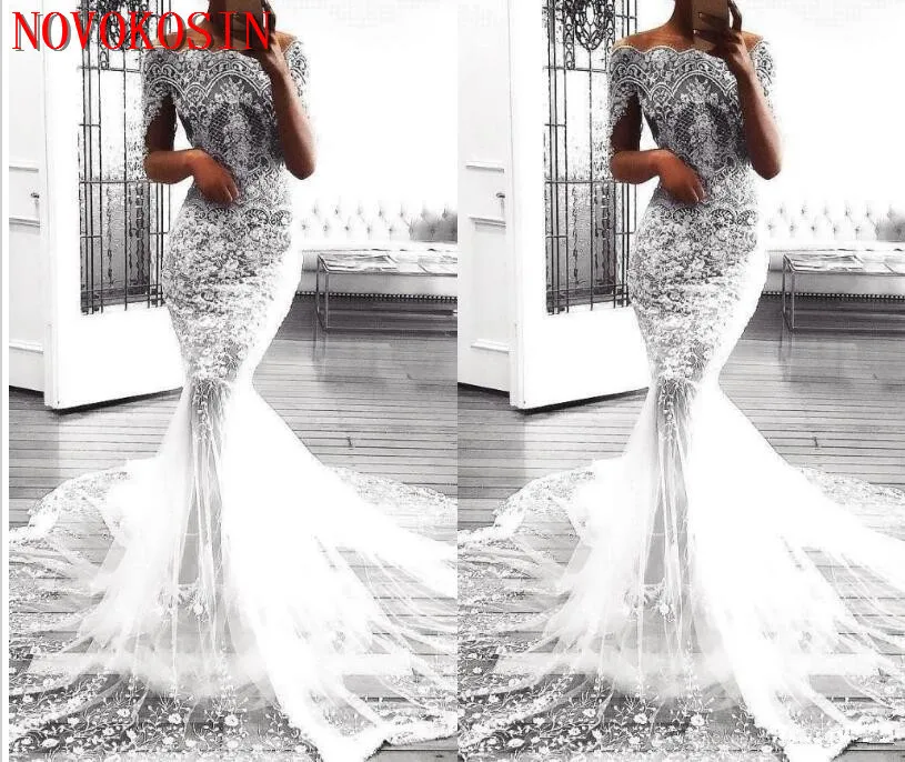 

Gorgeous 2019 Off Shoulder Mermaid Wedding Dresses Appliques Long Sleeves Lace Beads See Through Illusion Sexy Bridal Gown