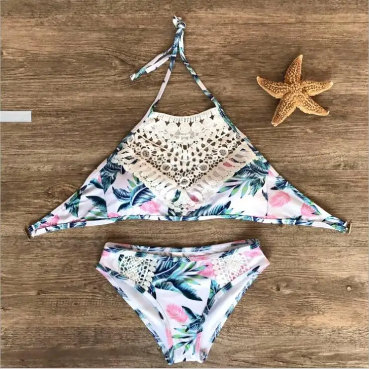 Hot Sexy European Swimwear Women Two Piece Halter Bathing Suit Lace