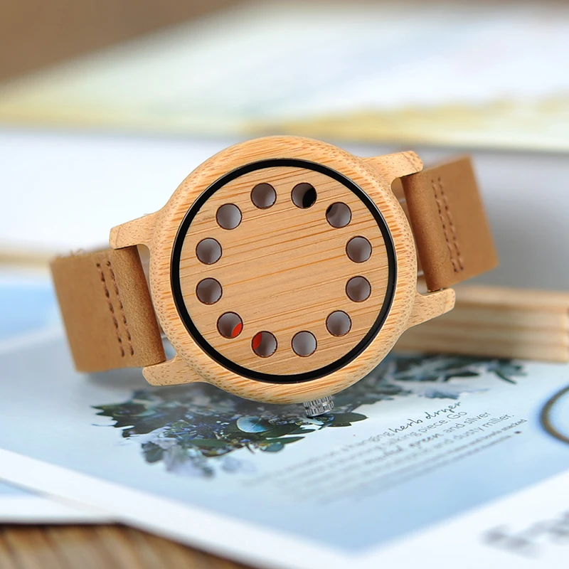 BOBO BIRD 12 Holes Design Bamboo Wooden Watch Mens Quartz Analog Watches erkek kol saati with Leather Band as Gift