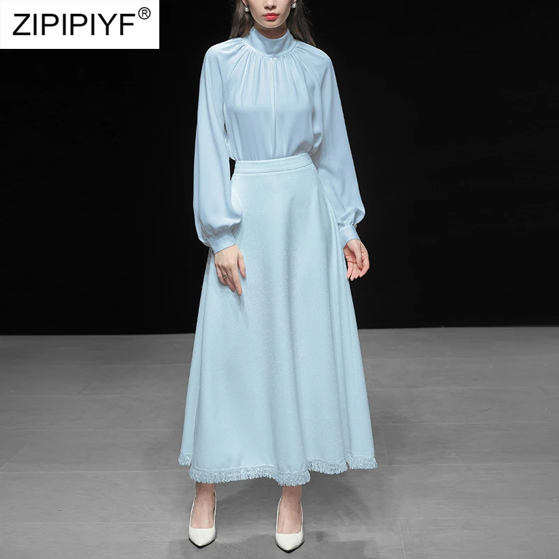 2019 Newest Pretty Solid Draped Sets Women High Quality Lantern Sleeve Stand Collar Shirts +Long A-Line Skirt 2 Pieces Set C3316 | Женская
