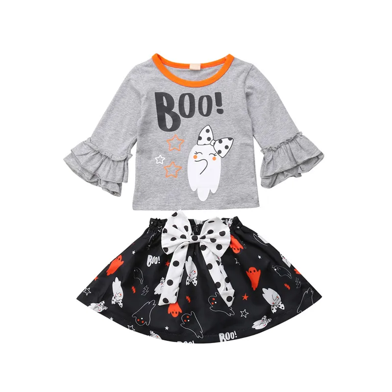 Halloween Toddler Newborn Baby Girl Clothes Ghost T-Shirt Top Bowknot Skirt Dress Outfit Cotton Cute Kids Children Clothing Set