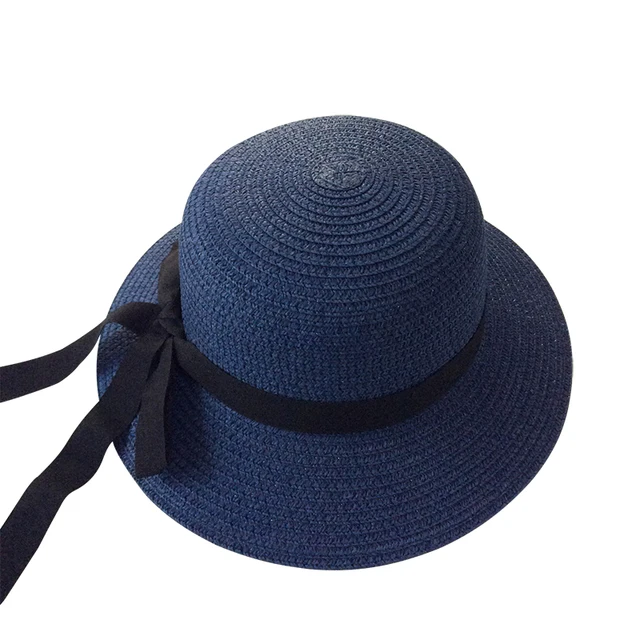 Girls Summer Cap Black Ribbon Decorate Wavy Straw Hat For Girls Children Panama Hat Kids Sun Cap Baby Beach Hats navy black ribbon