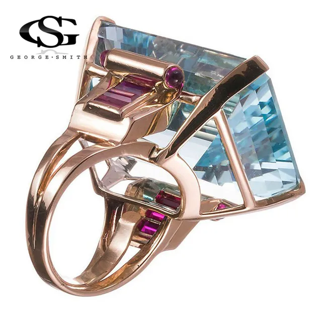 GS Elegant Blue Zircon Rings For Women Rose Gold Color Wedding Engagement Ring Men Big Square Shape Stone Ring Jewelry Gift R5GR