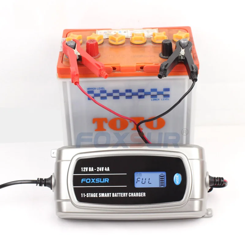 FOXSUR 12V 8A 24V 4A 11-stage Smart Battery Charger, 12V 24V EFB GEL AGM WET Car Battery Charger with LCD display & Desulfator FOXSUR 12V 8A 24V 4A 11-stage Smart Battery Charger, 12V 24V EFB GEL AGM WET Car Battery Charger with LCD display & Desulfator