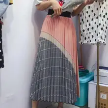 Летнее Новое поступление Корейская клетчатая винтажная юбка Лоскутная плиссированная юбка женская длинная юбка 5 цветов