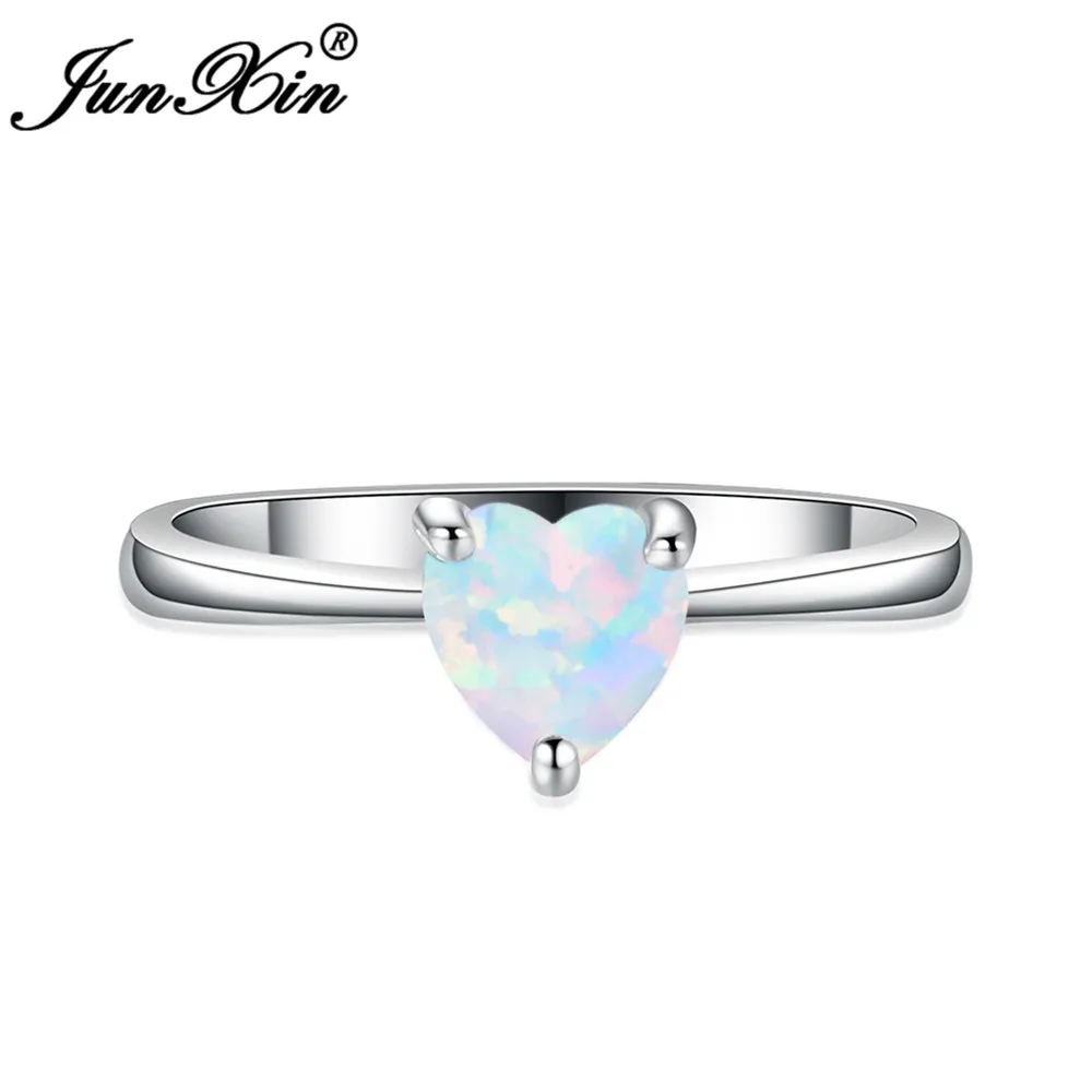 

JUNXIN Romantic Women Small Heart Ring Simple White/Blue Opal Ring Promise Engagement Rings For Women Valentine's Day Gifts