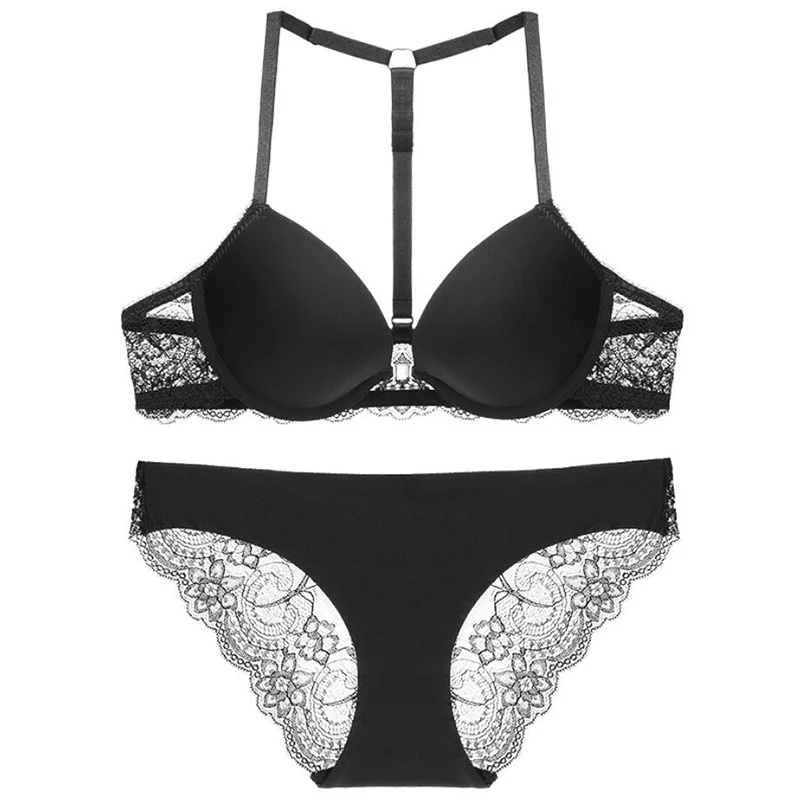

Breathable small chest sister smooth thick Y shoulder strap beauty back front buckle solid color gathered bra set free shipping