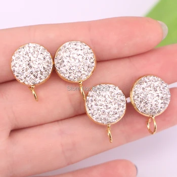 

10Pair Metal Gold Color 14mm Round Pave White Zircon Stud Earings Fashion Jewelry For Jewelry Making