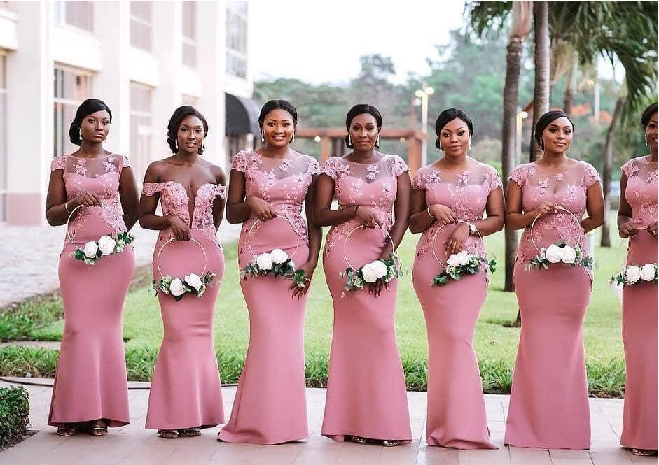 vestidos de de honor de sirena rosa de Nigeria Sudáfrica de grande vestido de invitado de boda con Apliques de encaje hasta el suelo|Vestidos para dama de honor| -