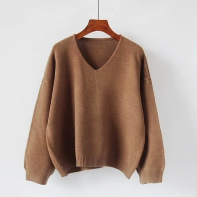 Winter Autumn Loose Pullovers Sweaters Woman Long Sleeve V Neck Solid Soft Warm Thick Bat Sleeved Sweater Oversize - Цвет: camel