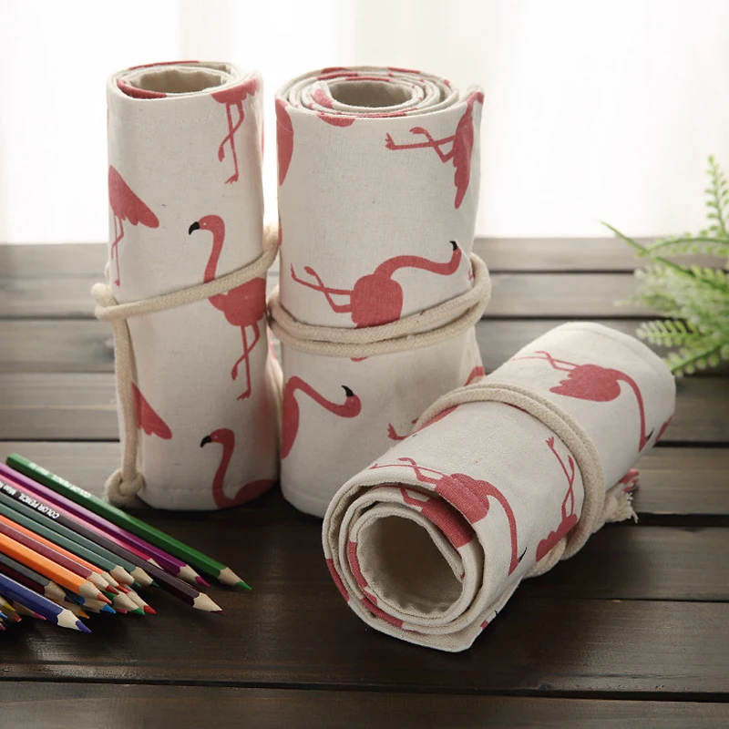 

32/48/72 Hole Cartoon flamingo Canvas Wrap Roll Up Pencil Case Pen Cosmetic Bag Holder Storage Pouch BD95