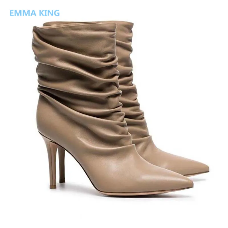 

Nude Ankle Boots Women Stiletto High Heels Autumn Winter Shoes Pointed Toe Pleated Sexy Mujer Botas Elegant Ladies Short Boots