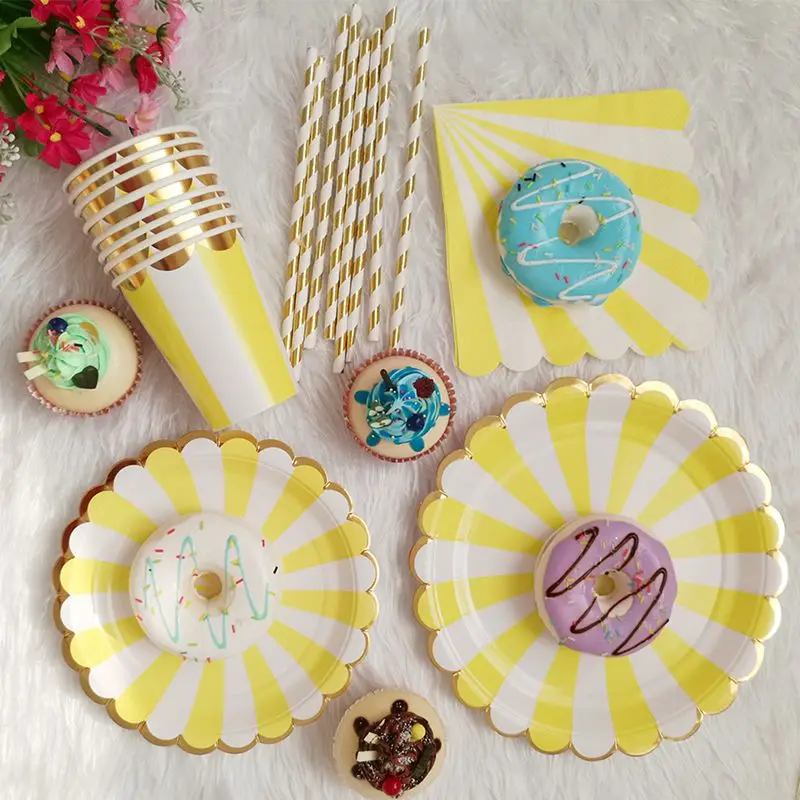8pcs Gold Foil Party Supplies Yellow Stripe Paper Plates Cups Baby