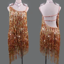 Блестящее платье для латинских танцев, женское сексуальное платье с золотой бахромой, для вечеринки, сценический костюм, Одежда для танцев для девочек, платья для латинских танцев, VDB140