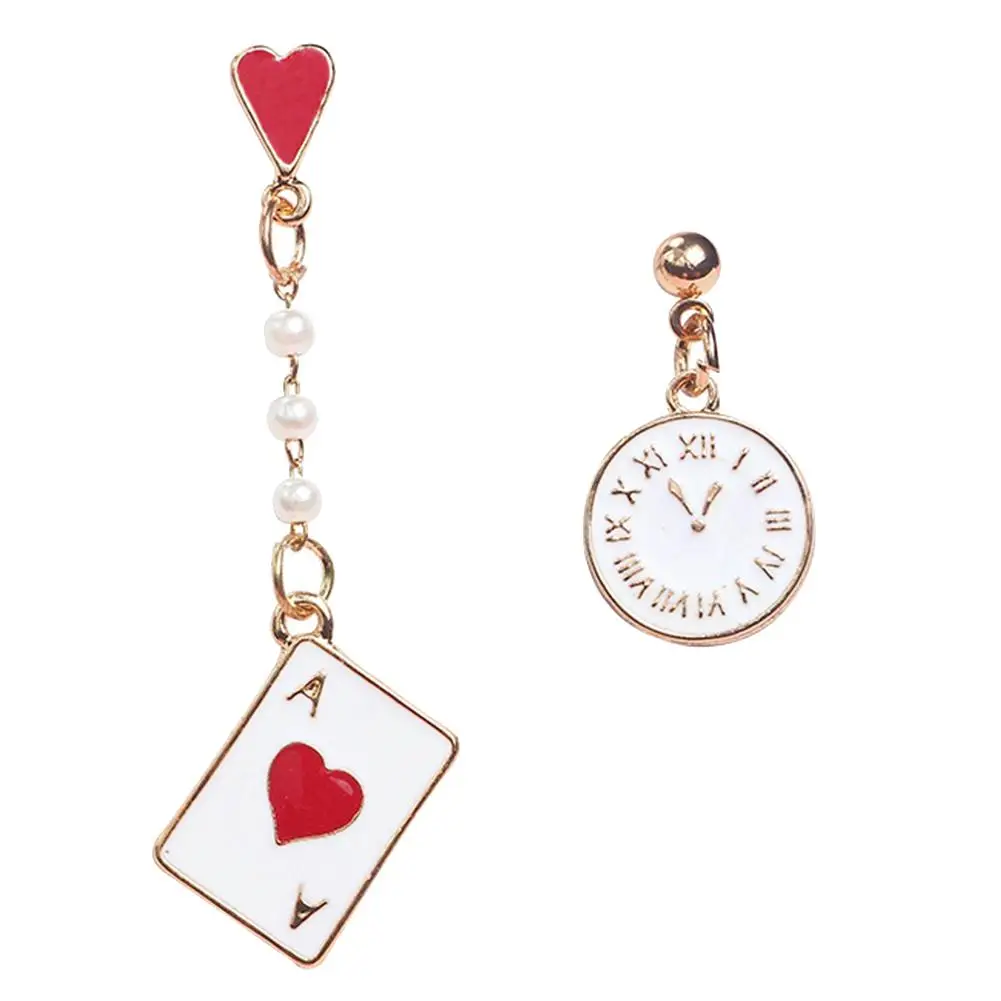 Chic Poker Clock Heart Charm Faux Pearl Asymmetrical Stud Earring Women Jewelry Asymmetric Design Of Alloy Artificial Bead | Украшения и