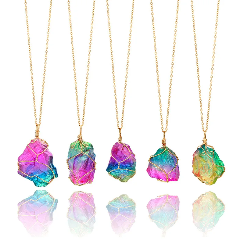 Colorful Striped Fluorite Quartz Crystal Stone Crystal Natural Fluorite Stone Pendants Necklace Hanging Decor Home Decoration