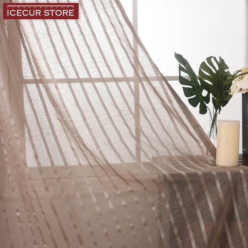 ICECUR Brown/White/Cream All-match Stripe Sheer Modern Curtains For Living Room Tulle Curtain for Bedroom Kitchen Window Voile