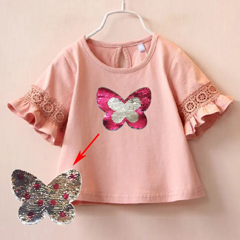 Топ с бабочками и блестками для девочек, футболки детские топы белого и розового цвета с коротким рукавом для маленьких девочек, футболки детская одежда для малышей, подарки - Цвет: pink