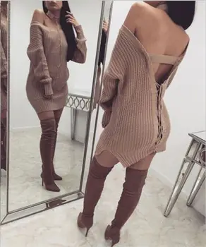 

New 2017 Sexy Women Backless Lace Up Long Sweaters Ladies Loose Bandage Casual Long Sleeve Knitted Solid Color Jumper Sweater