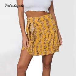 Летние Повседневное Женская пляжная Бохо sexy Хлопок мини-юбка женский 2018 женские желтый печатных ремень высокой талией юбка юбки для