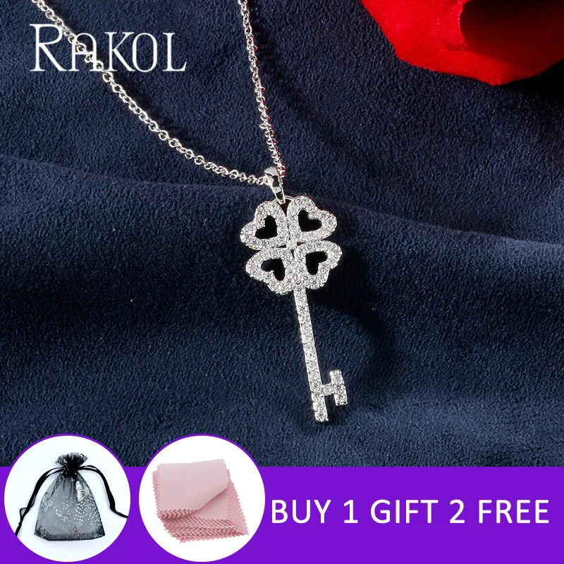 

RAKOL New Fashion Design 4 Hearts Flower With Micro Paved Key Rose Gold Chain Neckalces&Pendant For Women Gift Jewelry RN00800P