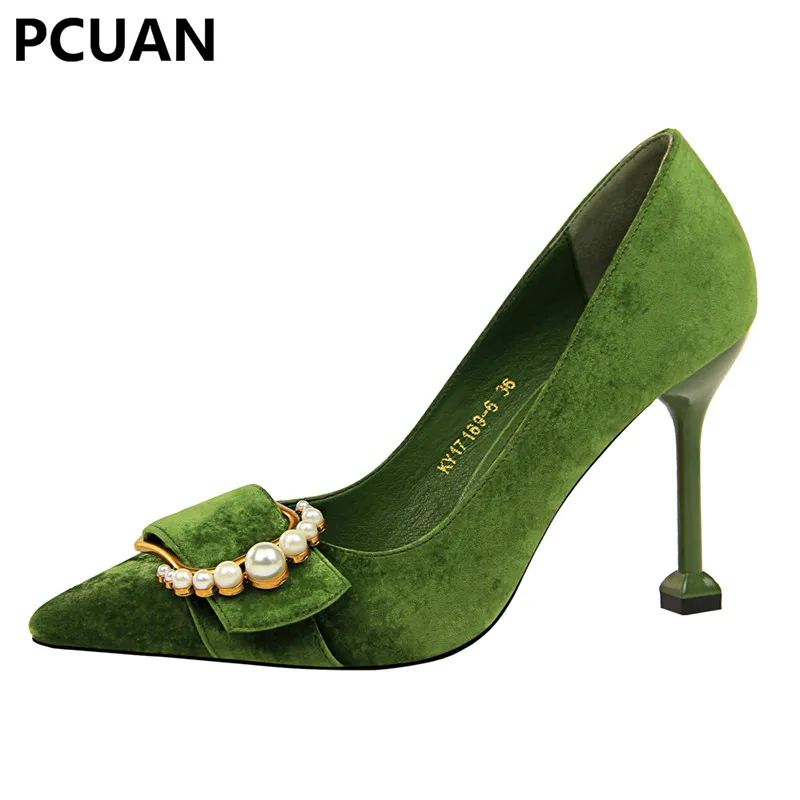 

PCUAN fashion women's shoes high heel suede shallow mouth pointed sexy thin metal pearl belt buckle single shoes